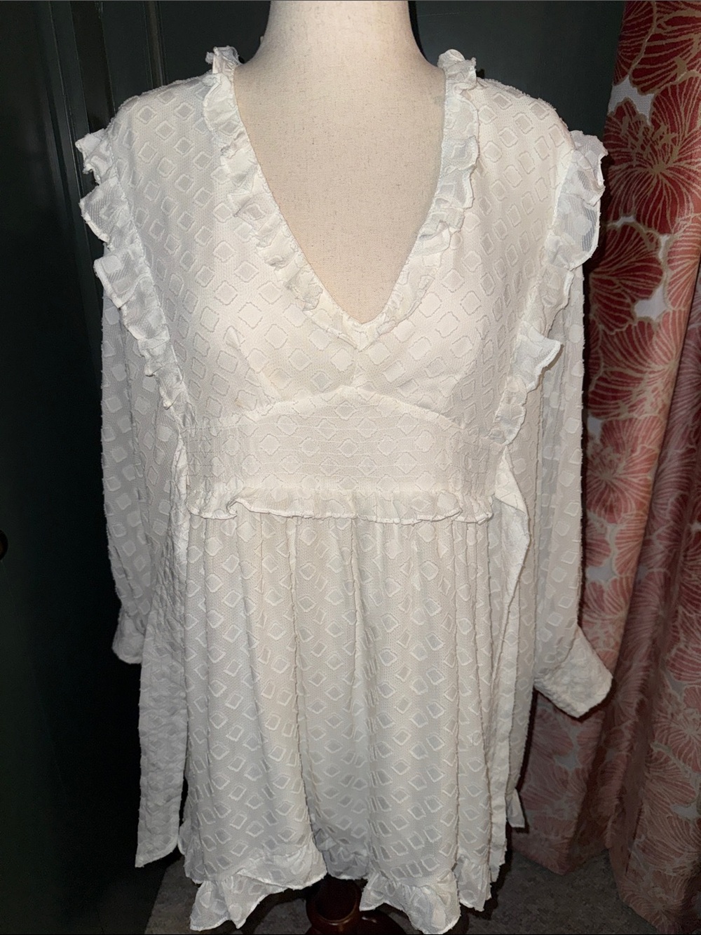Skylar + Madison Ivory Ruffle V-Neck Long Sleeve Babydoll Dress